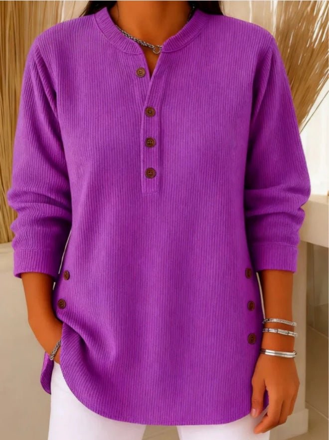 Purple ribbed henley tunic top with button-front collar and long sleeves