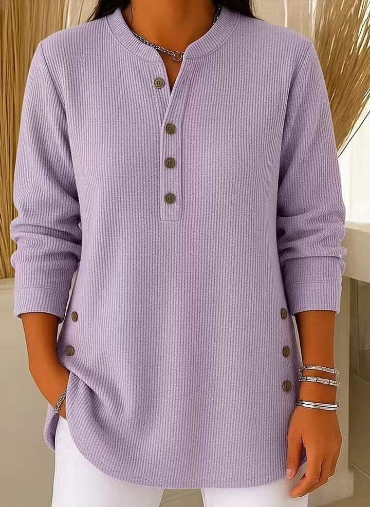 Lavender ribbed knit henley tunic featuring long sleeves and button details