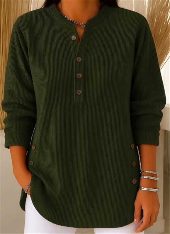 Olive green ribbed henley tunic top with wooden buttons and long sleeves