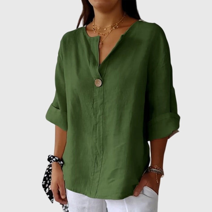 olive green linen blouse with button neckline and rolled sleeves