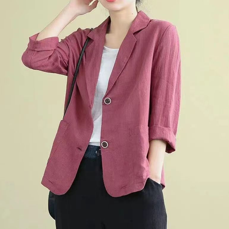 Berry pink linen blazer with rolled cuffs and two-button tailored front