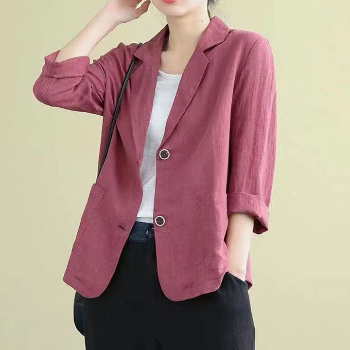 Berry pink linen blazer with rolled cuffs and two-button tailored front