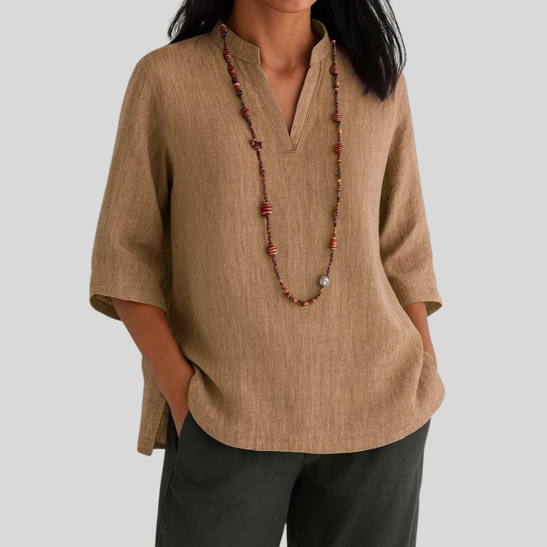 Camel linen tunic with V-neckline and relaxed-fit 3/4 sleeves