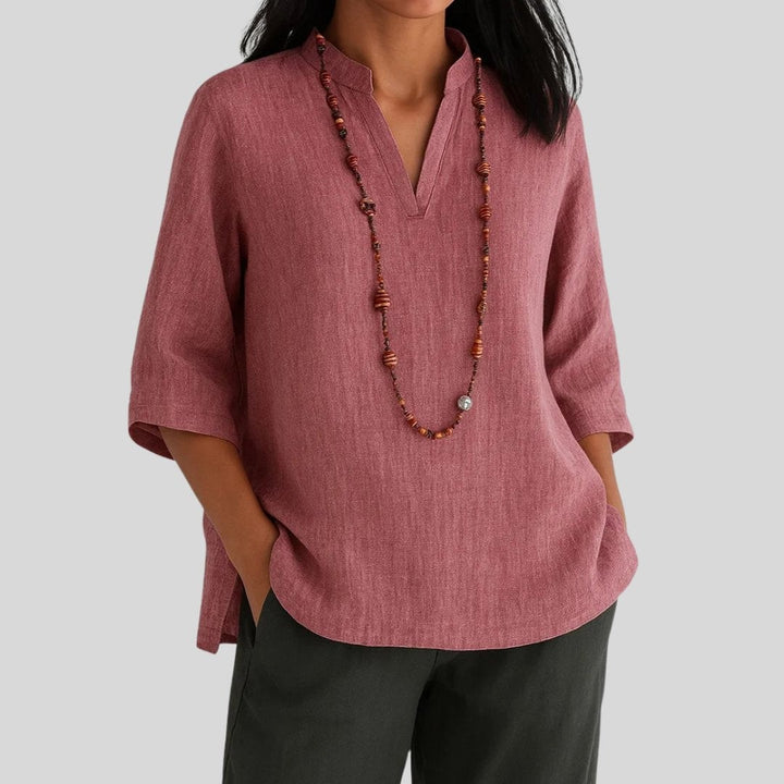 Dusty rose linen tunic with notch neckline and 3/4 sleeves