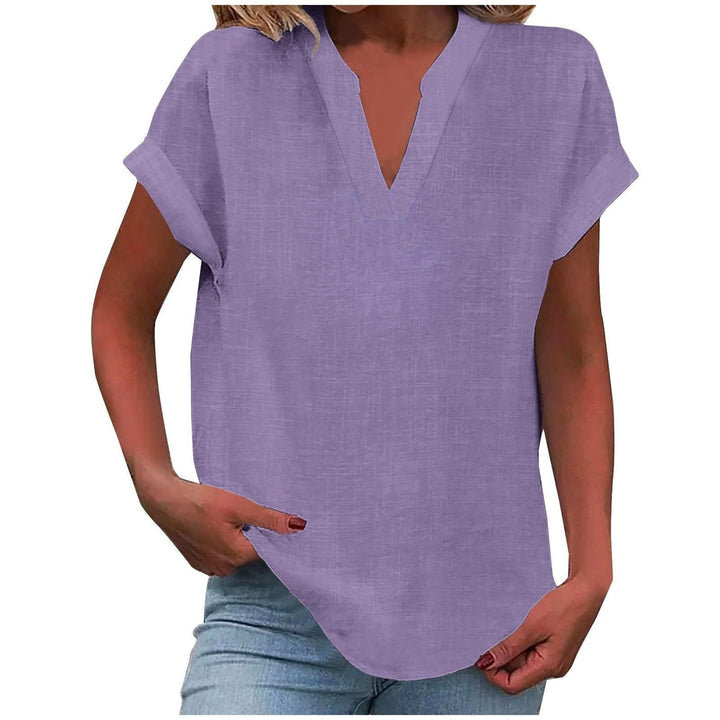 Lavender split V-neck blouse with cuffed cap sleeves and curved hem