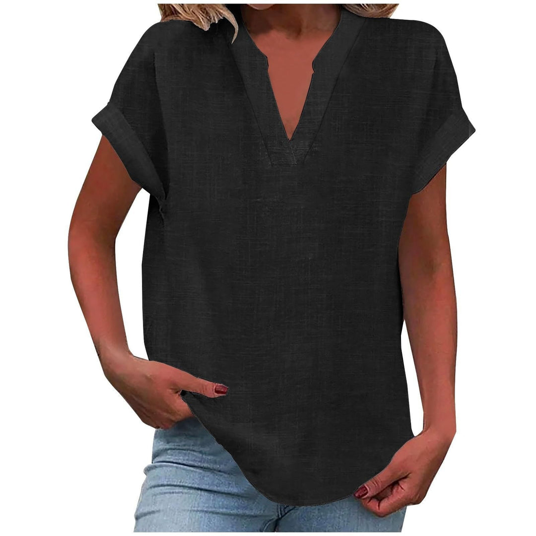 Black notch-neck blouse with cuffed cap sleeves and curved hemline