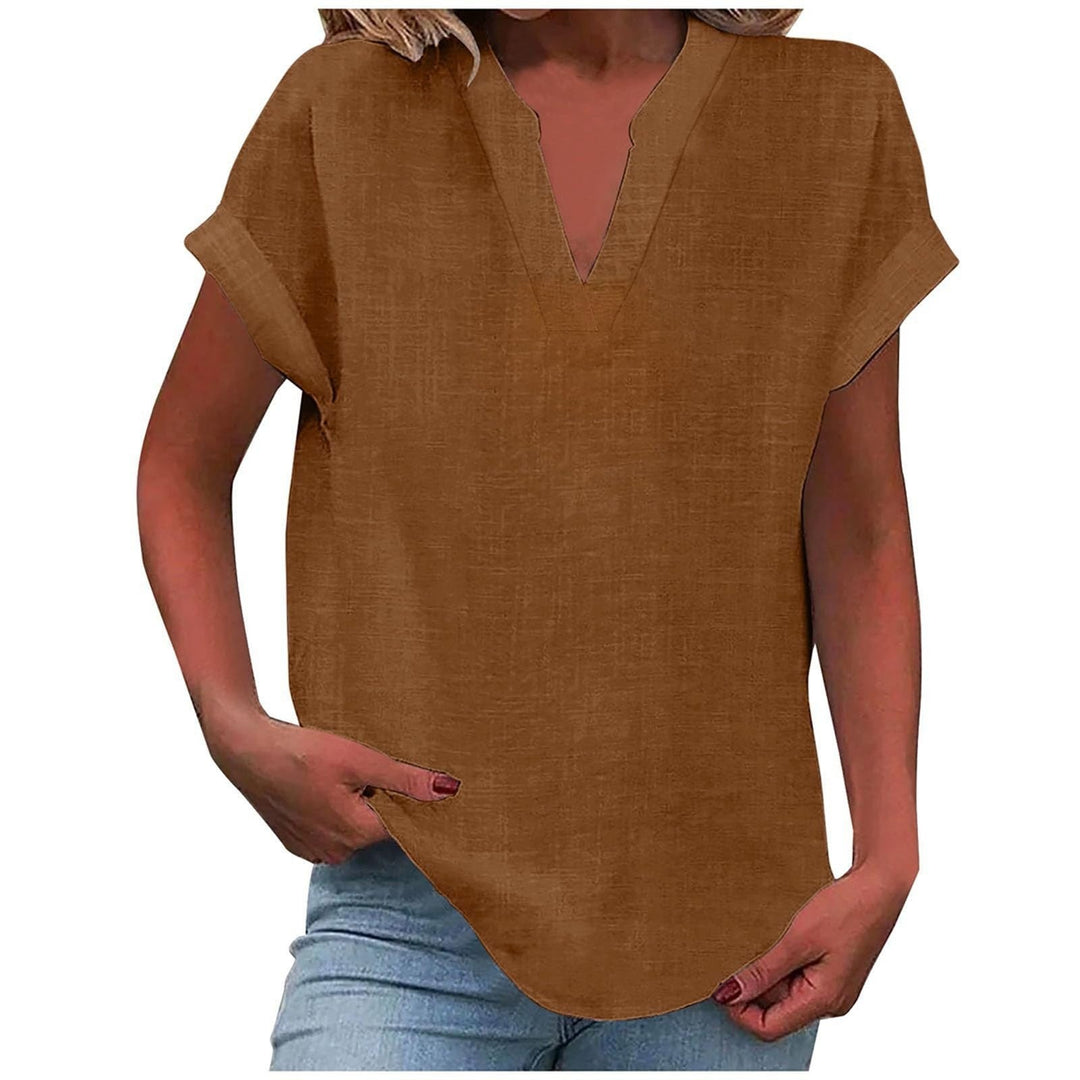 Camel brown V-neck blouse with rolled cap sleeves and linen texture