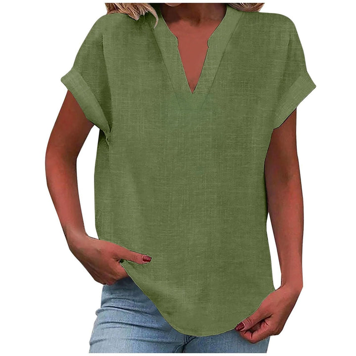 Olive green split-neck blouse featuring cuffed sleeves and curved hem