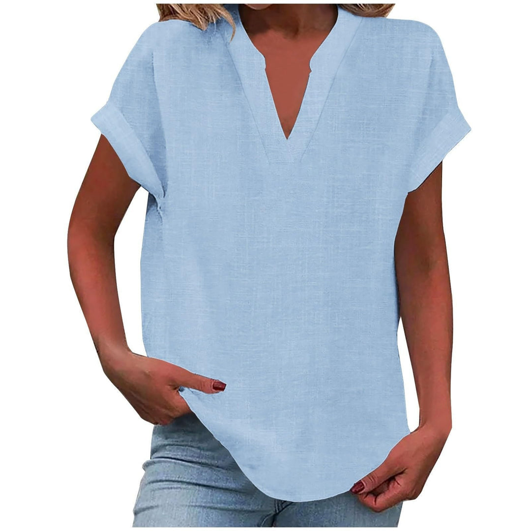 Sky blue relaxed V-neck blouse with cuffed sleeves and flowy silhouette