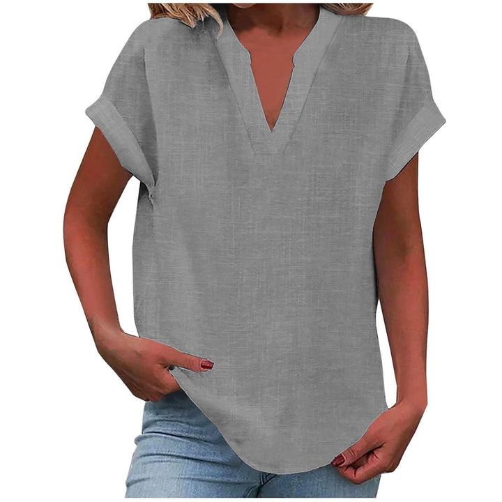 Heather gray V-neck blouse showing cuffed sleeves and linen-look fabric