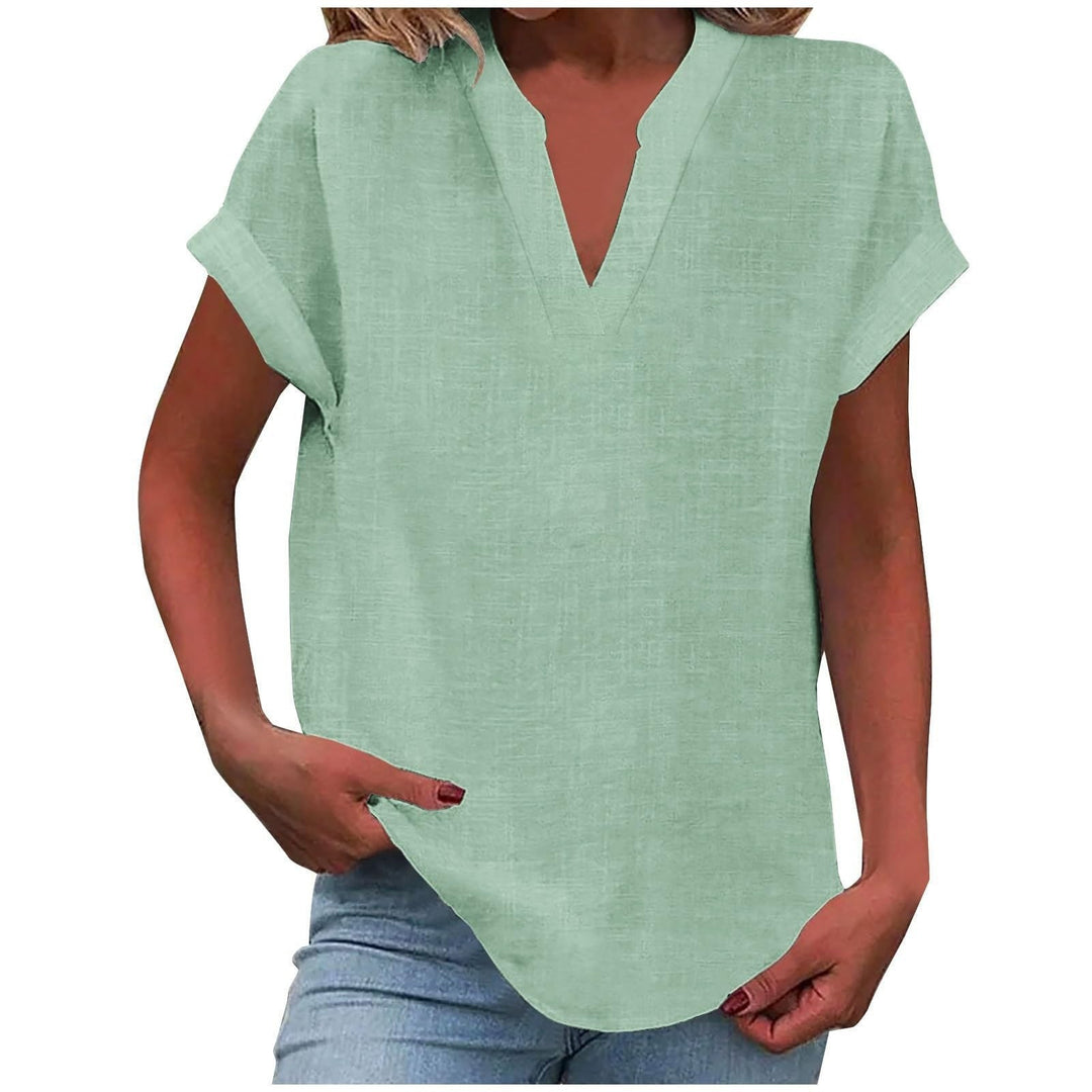 Sage green split V-neck top with cuffed sleeves and loose fit