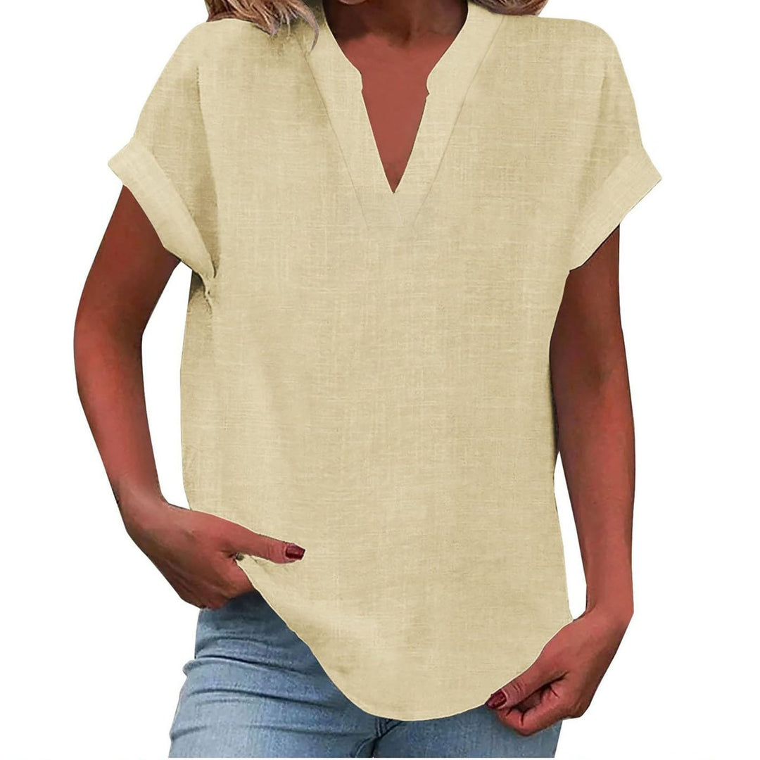 Beige linen-style blouse featuring notch V-neck and cuffed cap sleeves