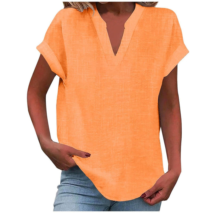 Orange split-neck blouse with rolled sleeves and curved tunic hem