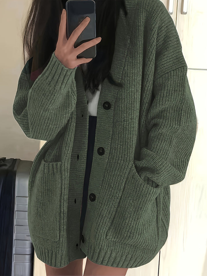 Olive green ribbed knit cardigan with button-front and patch pockets