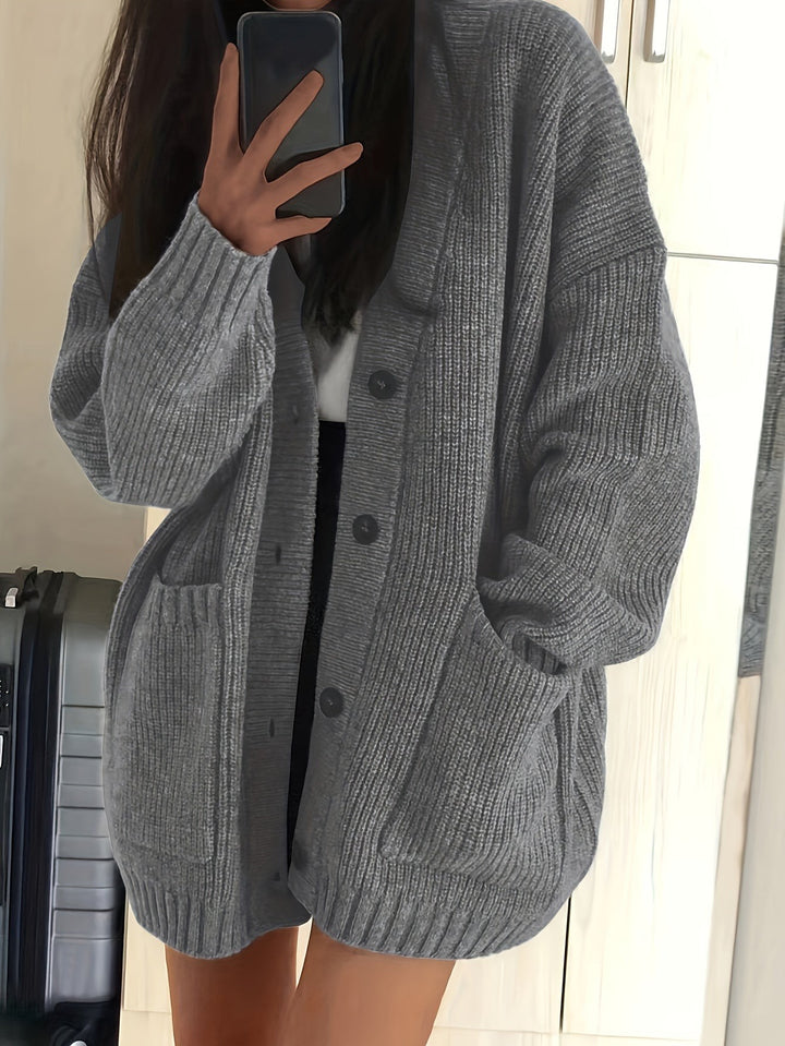 Charcoal grey ribbed knit cardigan with relaxed oversized silhouette
