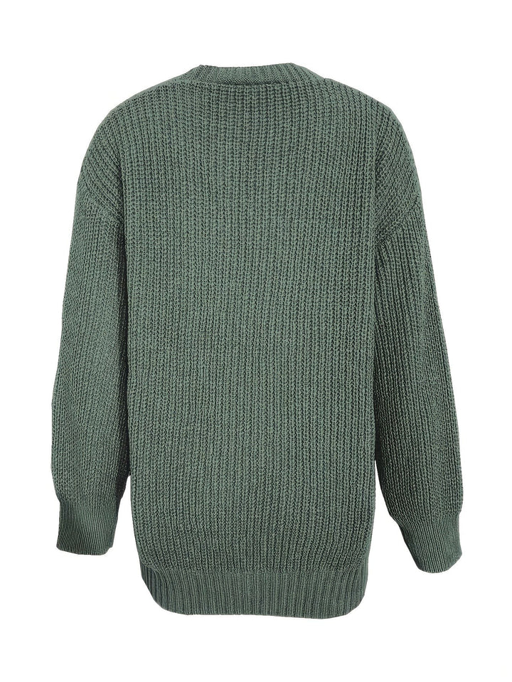 Sage green ribbed knit cardigan shown from the back, relaxed fit
