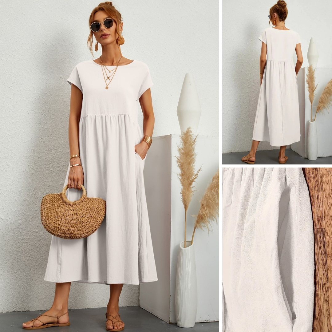 off-white maxi dress shown in front, back, and fabric detail views