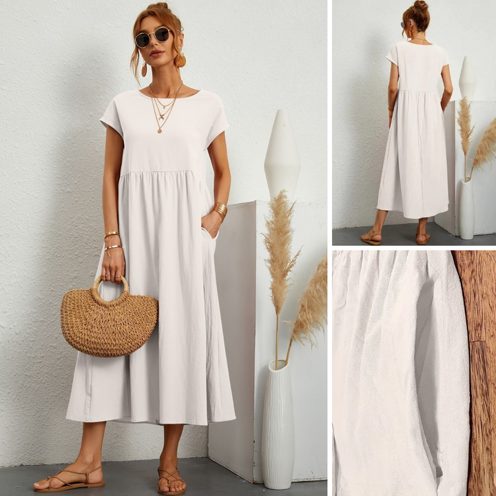 off-white maxi dress shown in front, back, and fabric detail views