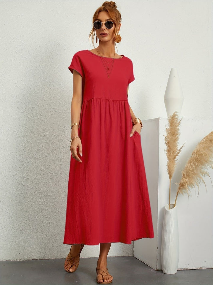 red cap-sleeve maxi dress with fitted bodice and flowing skirt