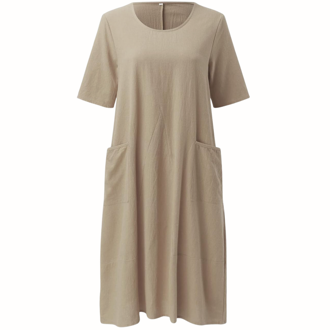 taupe short-sleeve midi dress with patch pockets and round neckline