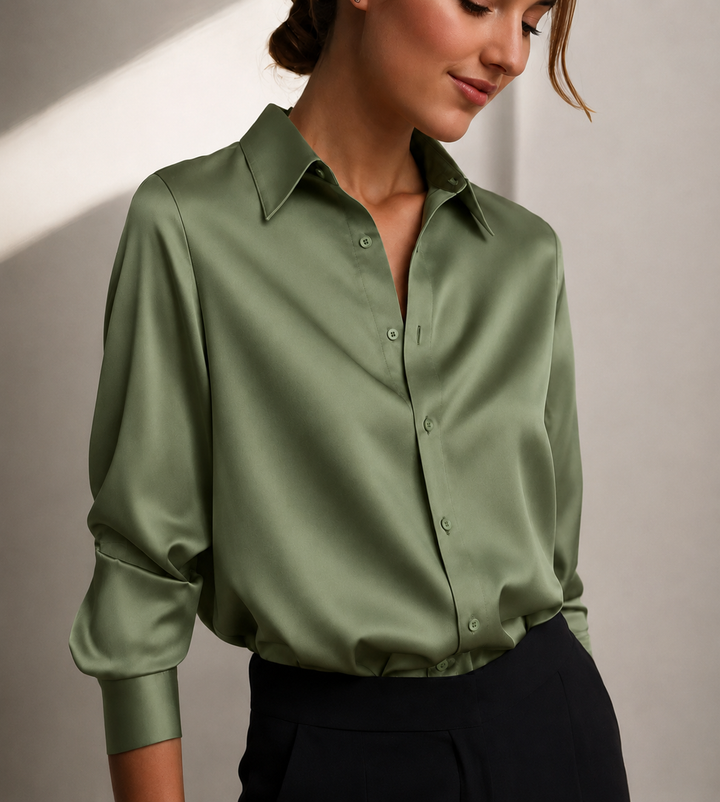 Sage green satin button-down blouse with collar and long sleeves