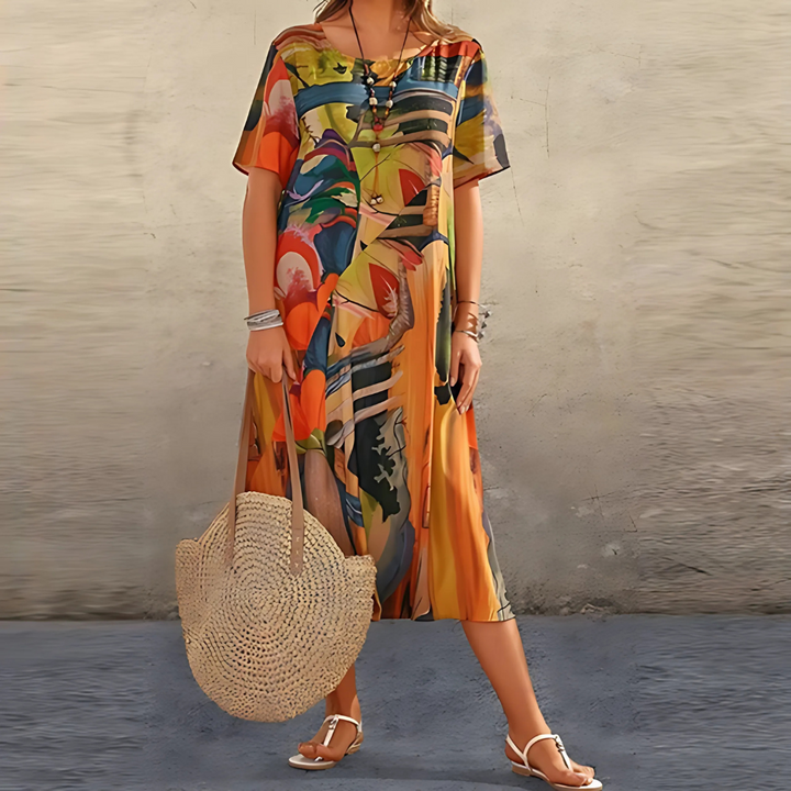 orange and yellow abstract print midi dress styled with woven handbag