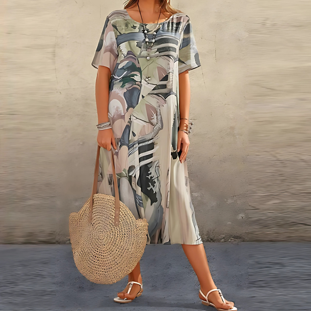 neutral tone abstract print midi dress with flowy short sleeves