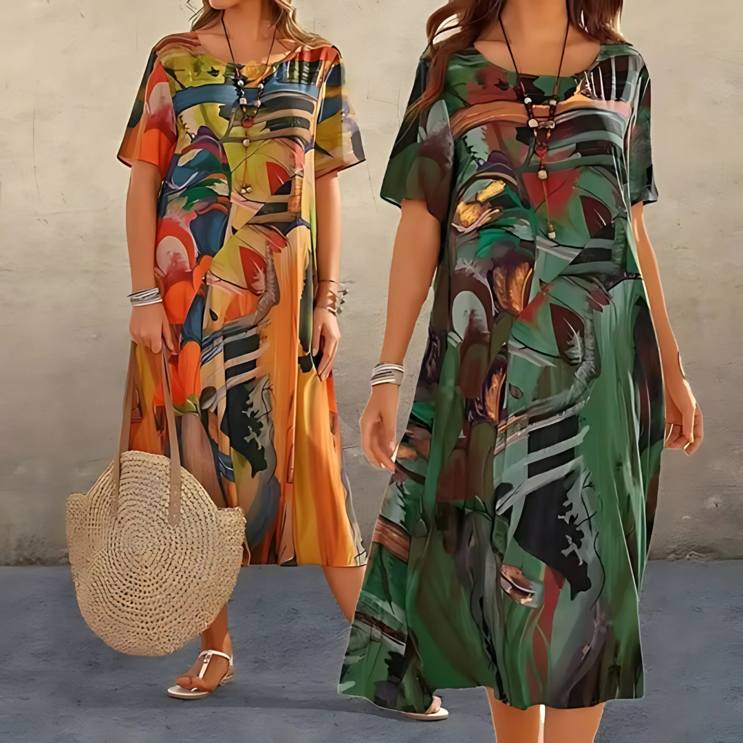 orange and green abstract print midi dresses shown side by side