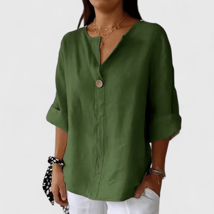 Olive green button-front blouse with relaxed fit and rolled cuffs