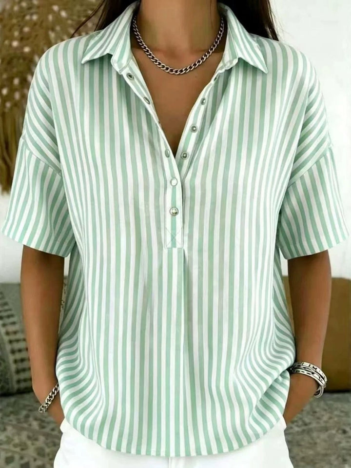 Sage green striped collared blouse with half-button placket and short sleeves