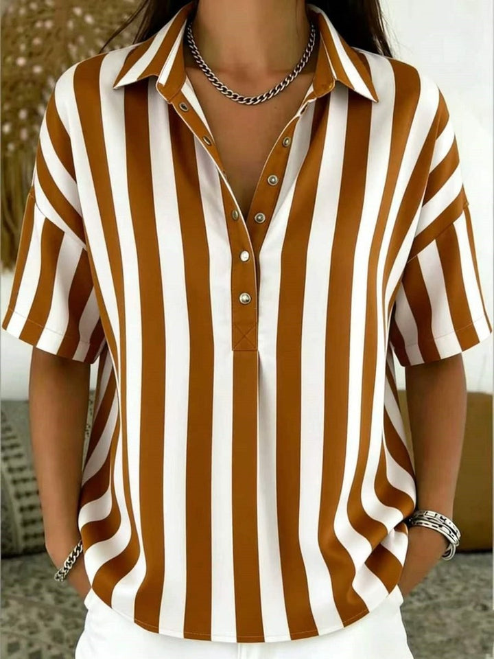 Rust and white striped collared blouse with half-button placket and short sleeves