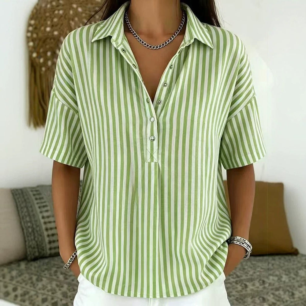 Green and white striped half-button blouse with relaxed collared fit