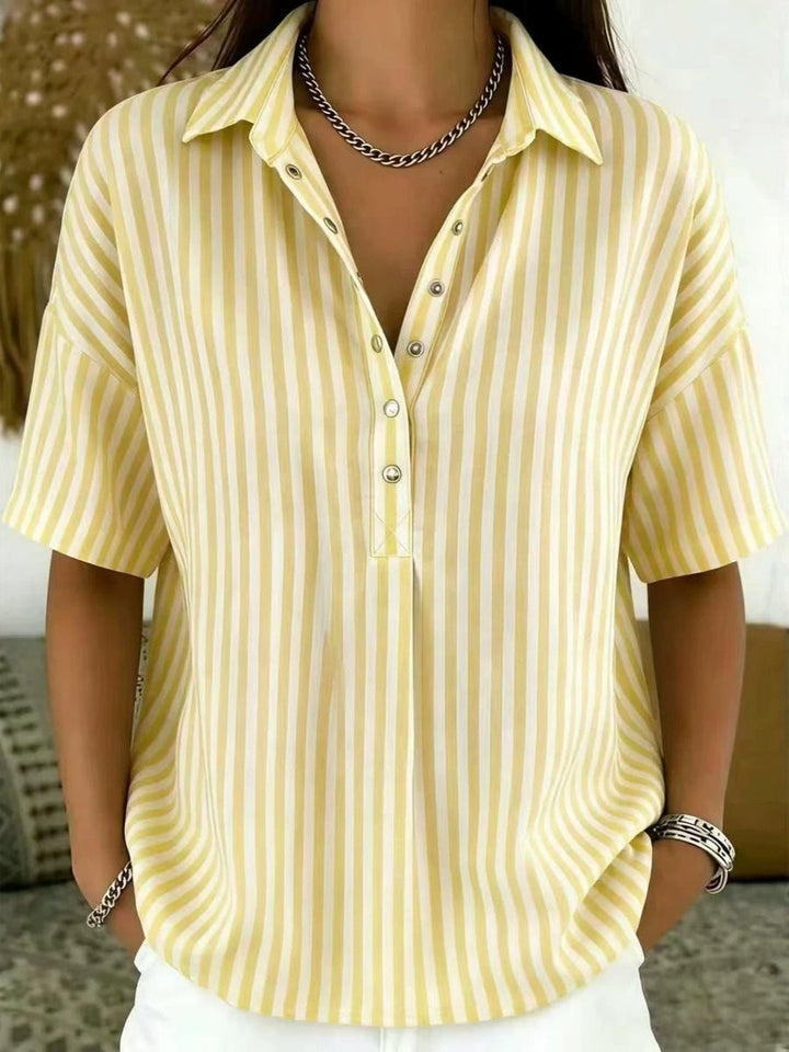 Yellow striped collared blouse featuring half-button front and short sleeves