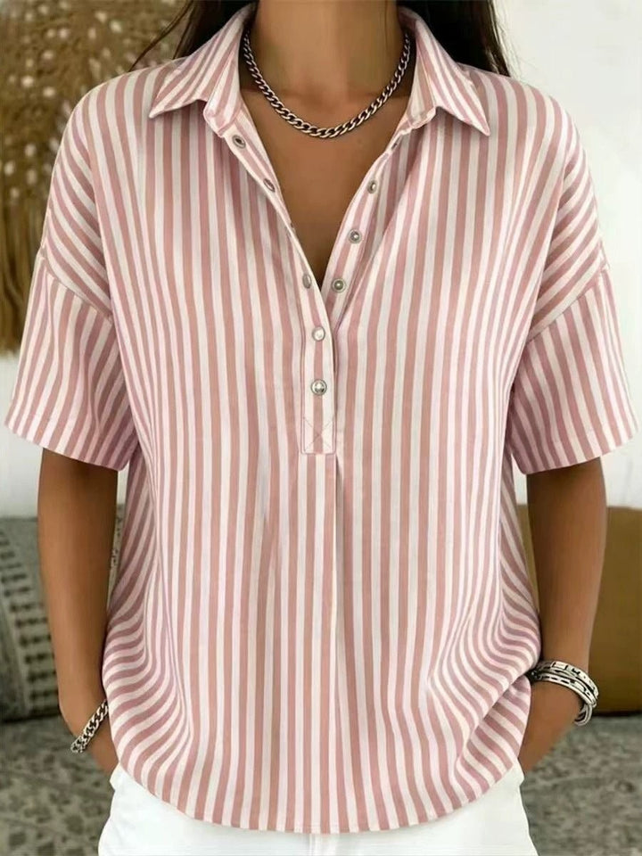 Dusty pink striped blouse with collared neckline and half-button front