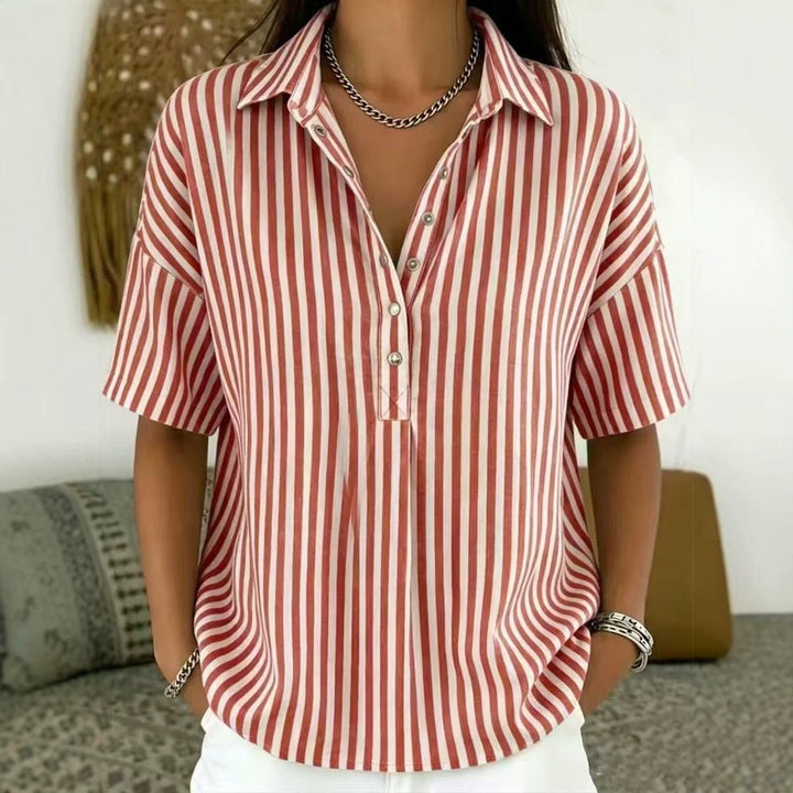 Rust red striped collared top with relaxed short sleeves and half buttons