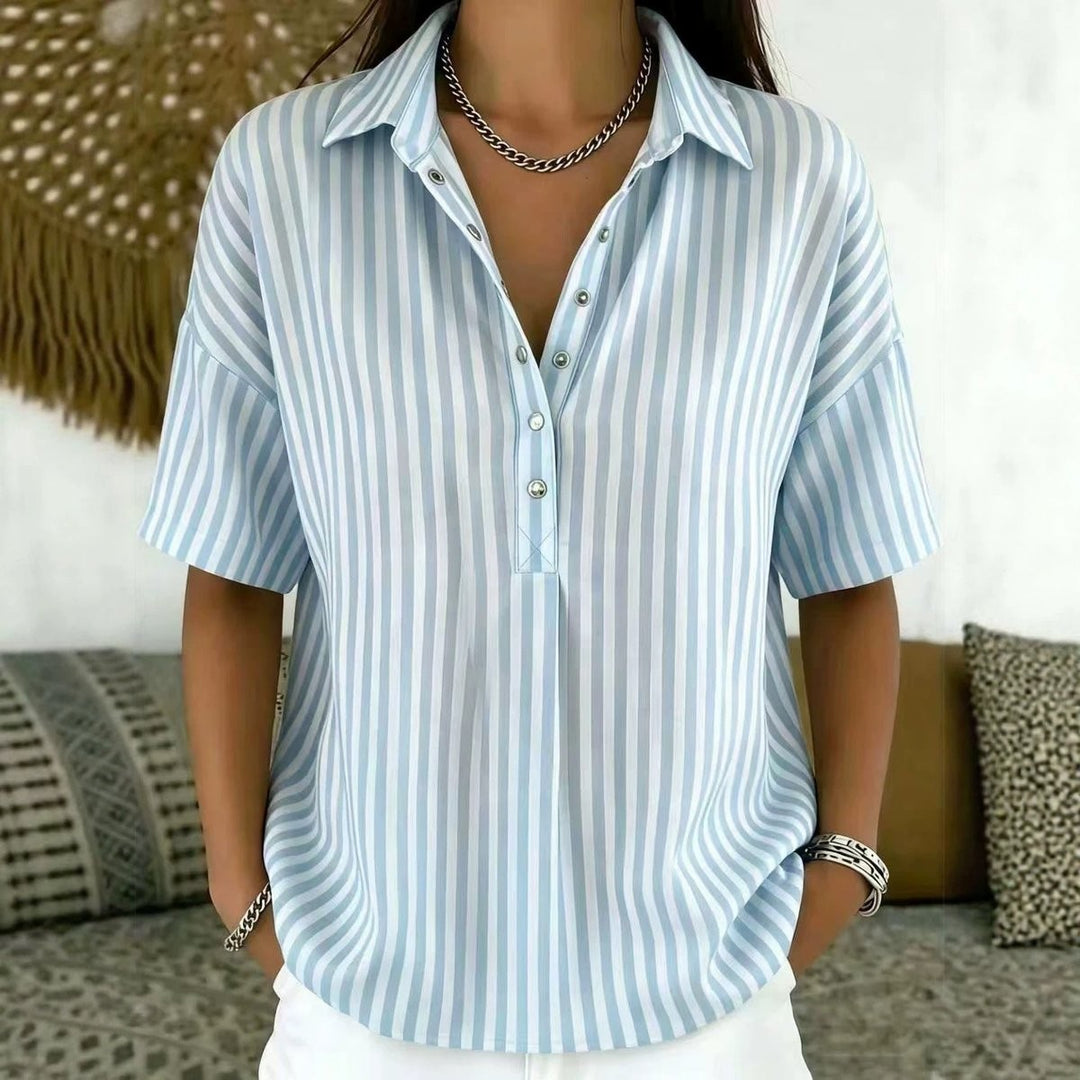 Light blue striped collared blouse with relaxed fit and short sleeves