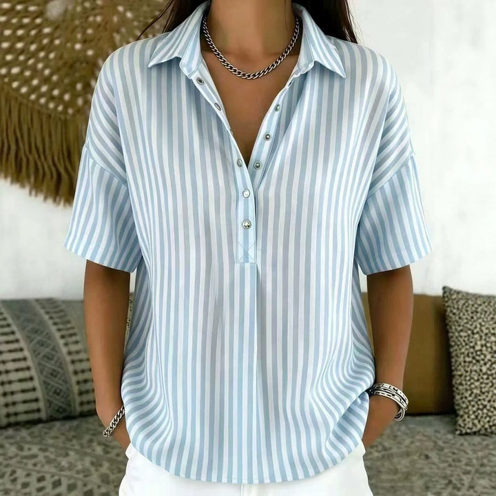 Light blue striped collared blouse with relaxed fit and short sleeves
