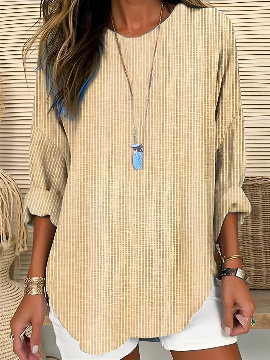 Tan striped relaxed-fit blouse with long sleeves and curved hem