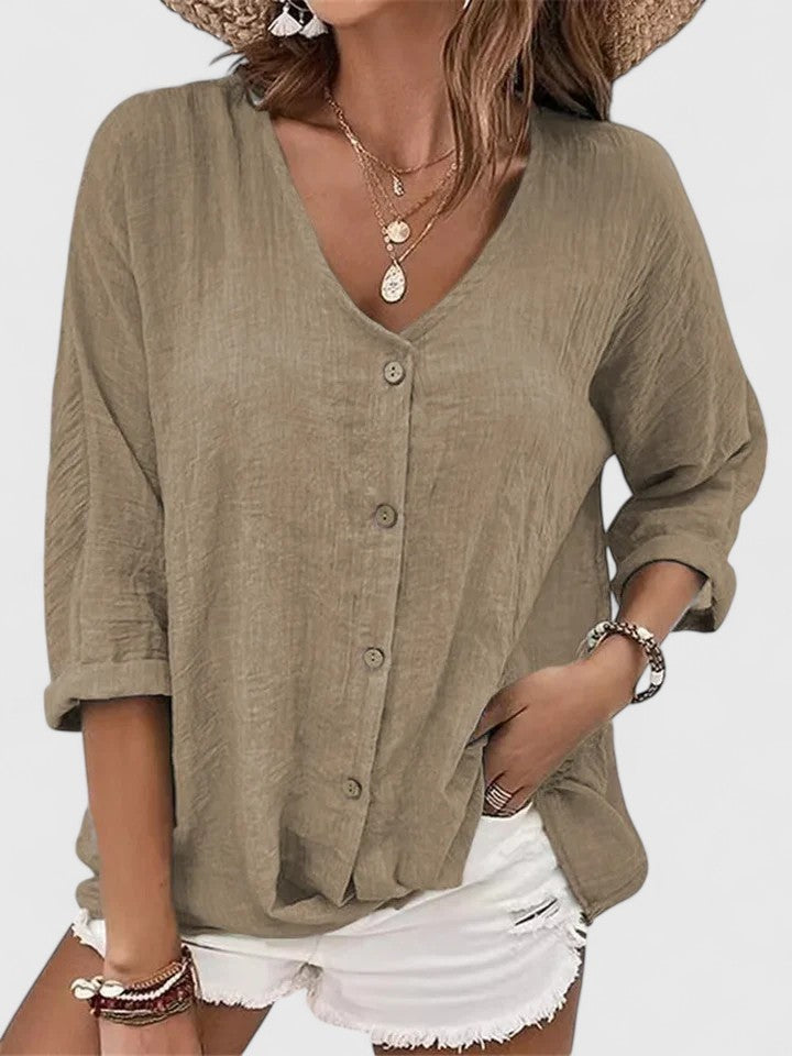 Khaki button-front linen blouse with relaxed V-neck and rolled sleeves