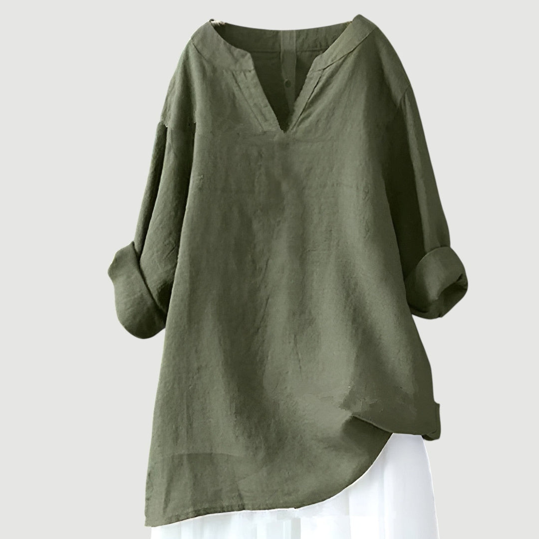 Olive green linen blouse featuring split neck and high-low hem