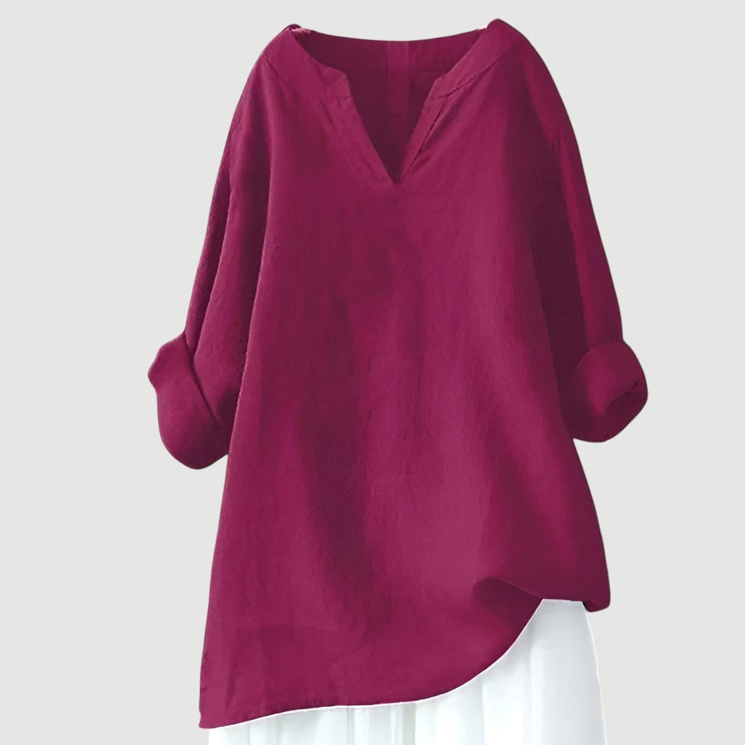 Magenta linen tunic with V-neck and cuffed long sleeves