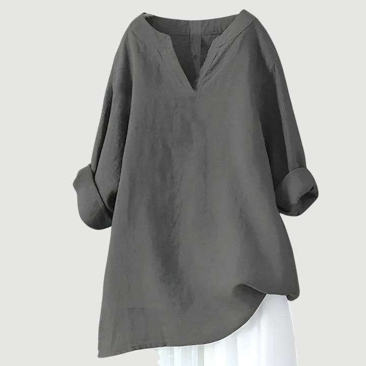 Charcoal gray linen tunic with notch neckline and loose silhouette