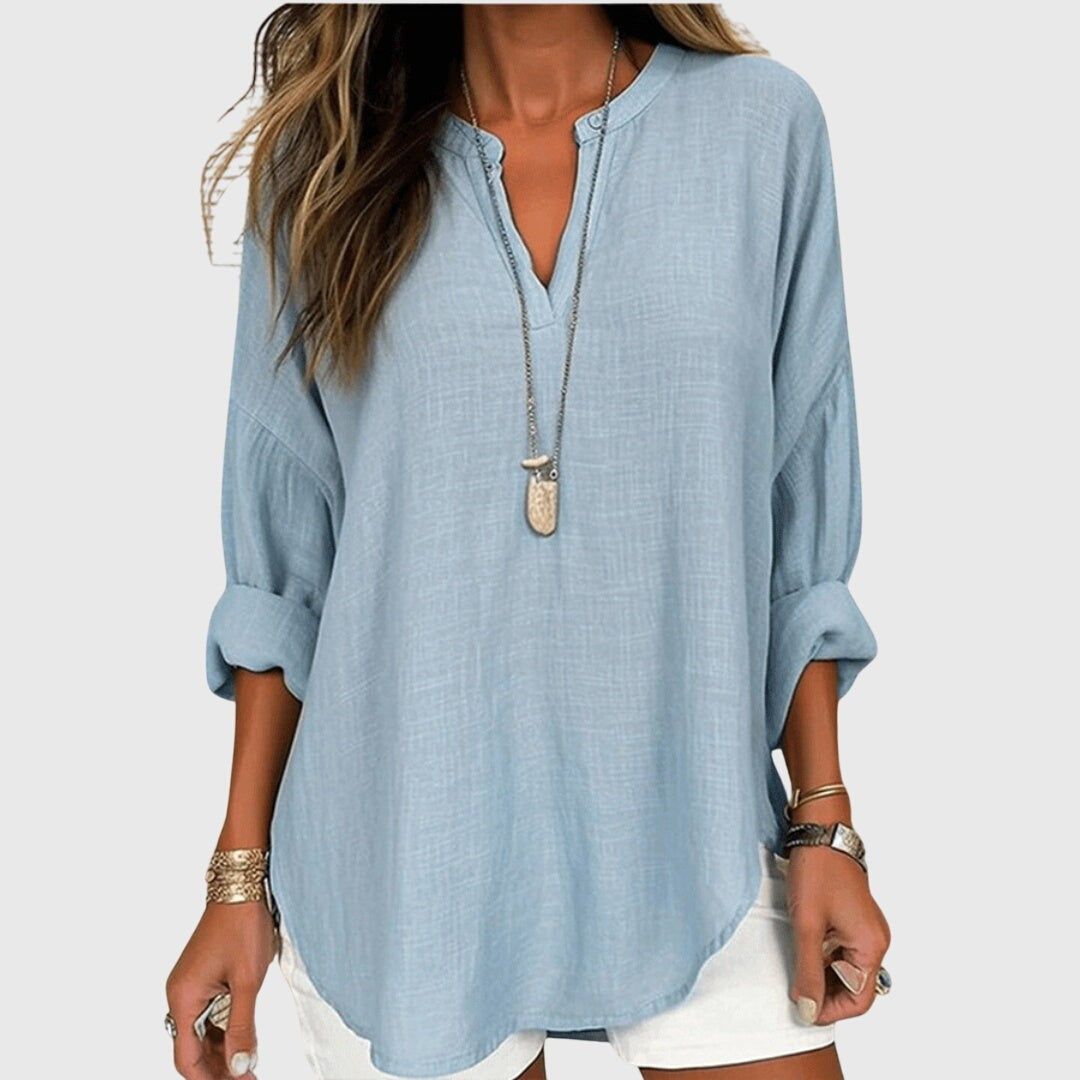 Light blue linen-look blouse with split V-neck and long sleeves