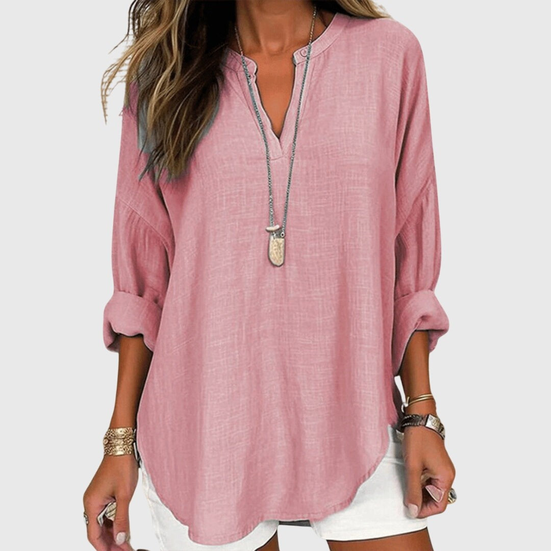 Dusty pink linen-style tunic top with long sleeves and V-neck