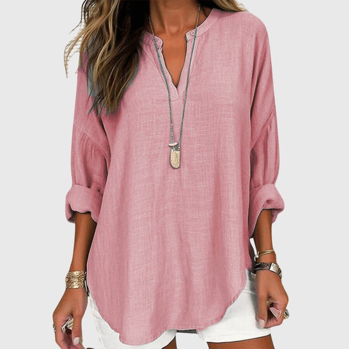 Dusty pink linen-style tunic top with long sleeves and V-neck