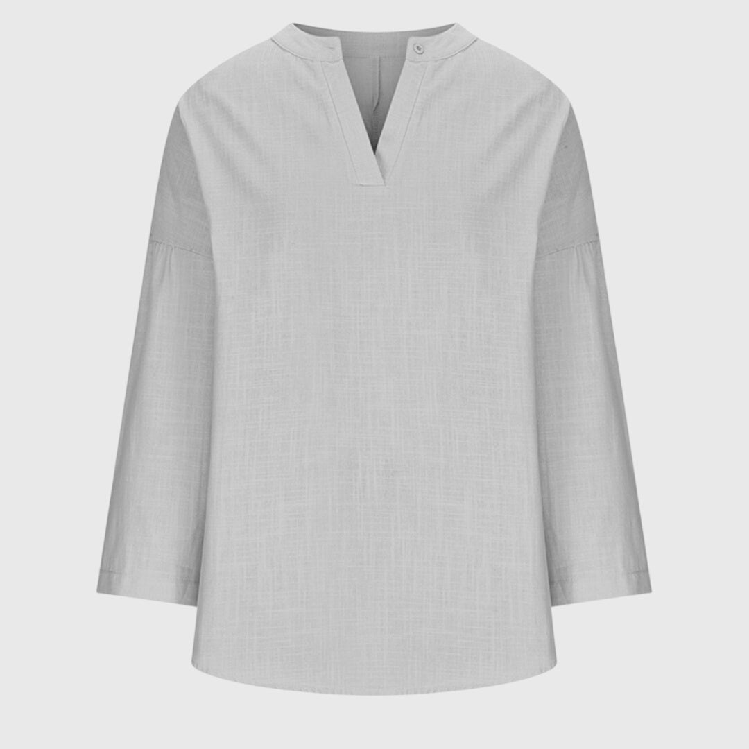 Light gray textured beach shirt with split collar, flat lay