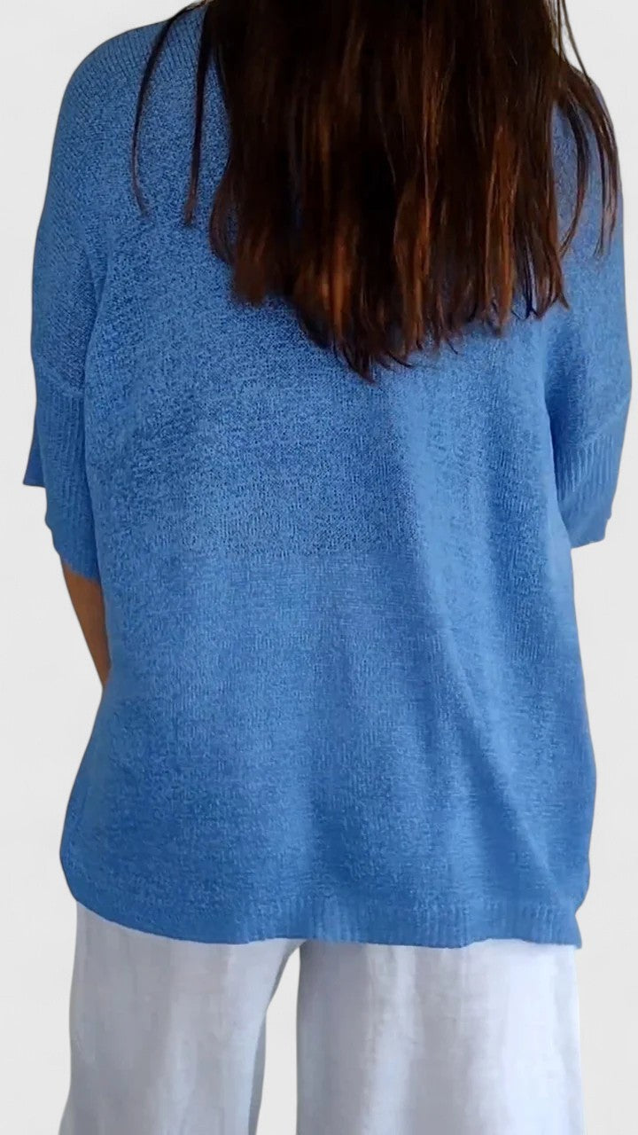 Sky blue oversized knit top, back view showing ribbed sleeve detail