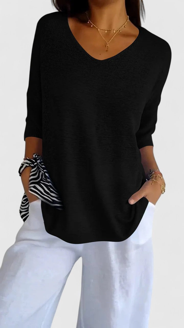 Black V-neck lightweight sweater with three-quarter sleeves, oversized fit