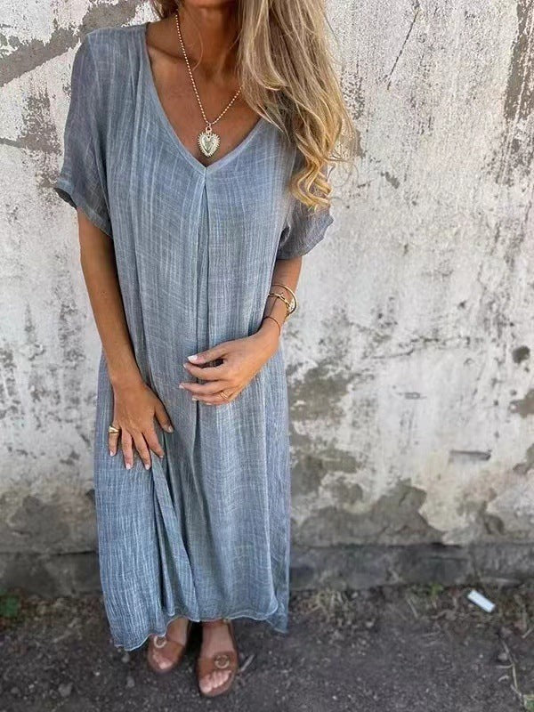 Gray V-neck maxi dress with short sleeves and lightweight crinkled texture