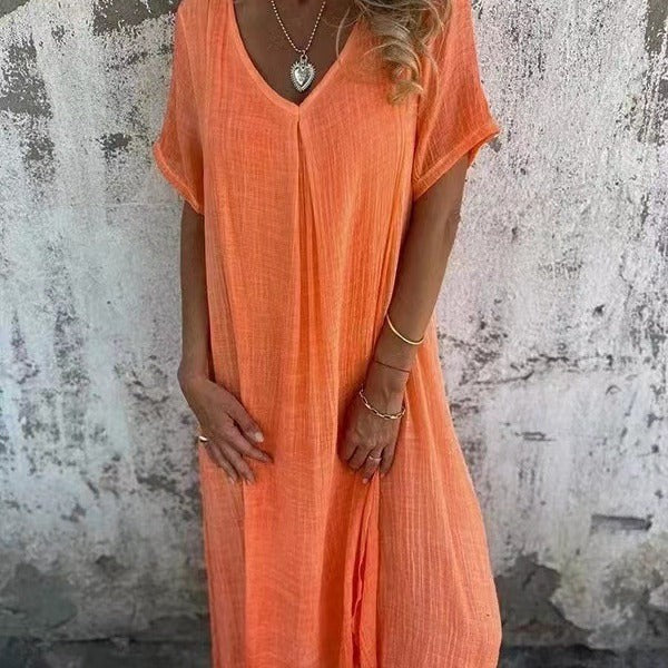 Coral orange V-neck maxi dress with short sleeves and relaxed loose fit